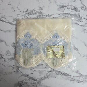 Vintage White Light Blue Embroidered Kitchen Valance 60"X12" Floral Eyelet Boho